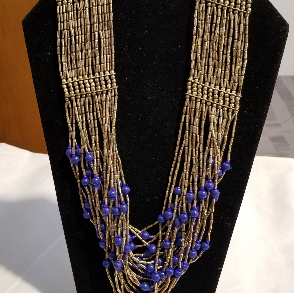 💎*Vintage Gold & Blue Beaded Statement Necklace